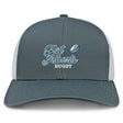 The Gulf Coast Fat Alberts Retro Trucker Cap by EMB S&S Activewear features a gray and white design with "Fat Alberts Rugby" and a rugby ball graphic on the front, plus an adjustable snapback closure.