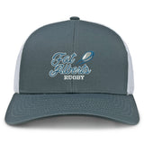 The Gulf Coast Fat Alberts Retro Trucker Cap by EMB S&S Activewear features a gray and white design with "Fat Alberts Rugby" and a rugby ball graphic on the front, plus an adjustable snapback closure.