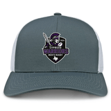 The Cypress Warriors Men's Rugby Retro Trucker Cap by EMB S&S Activewear features a gray and white design with an embroidered 2024 logo—warrior helmet, sword, Texas outline—and an adjustable snapback closure.