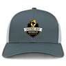 The Chicago Riot Retro Trucker Cap by EMB S&S Activewear features gray and white panels, an embroidered club logo with a raised fist and five stars, and an adjustable snapback for comfort.