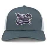 The Valley Panthers Girls Rugby Retro Trucker Cap by EMB S&S Activewear features a gray and white design with an embroidered “Valley Panthers Girls Rugby” logo in purple and white on the front panel. It includes a comfortable snapback closure for an adjustable fit.