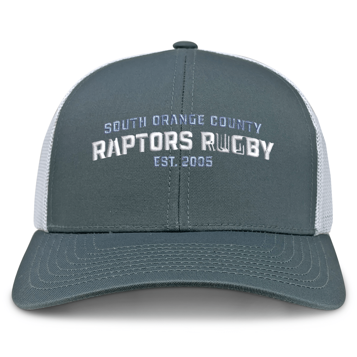 The South Orange County Raptors Retro Trucker Cap by EMB S&S Activewear is a gray and white cap featuring an embroidered “South Orange County Raptors Rugby Est. 2005” design on the front, finished with a classic snapback closure for an adjustable fit.
