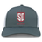 Legion Academy Retro Trucker Cap in grey with white mesh sides and a front red and white embroidered shield emblem featuring “SD” and “LEGION ACADEMY.”