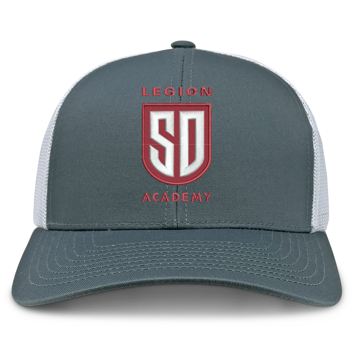Legion Academy Retro Trucker Cap in grey with white mesh sides and a front red and white embroidered shield emblem featuring “SD” and “LEGION ACADEMY.”