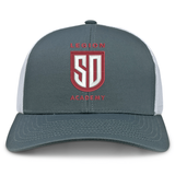 Legion Academy Retro Trucker Cap in grey with white mesh sides and a front red and white embroidered shield emblem featuring “SD” and “LEGION ACADEMY.”
