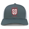 Legion Academy Retro Trucker Cap in grey with white mesh sides and a front red and white embroidered shield emblem featuring “SD” and “LEGION ACADEMY.”