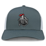 The EMB S&S Activewear Birmingham Iron Women's Football Retro Trucker Cap features a gray and white design with an embroidered team logo on the front and an adjustable snapback for a comfortable fit.