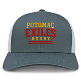 The Potomac Exiles Rugby Club Retro Trucker Cap by EMB S&S Activewear features a gray and white mesh design with "Potomac Exiles Rugby" embroidered in bold red and yellow lettering on the front. It offers an adjustable snapback closure for a comfortable fit and showcases a standout classic embroidered style.