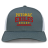 The Potomac Exiles Rugby Club Retro Trucker Cap by EMB S&S Activewear features a gray and white mesh design with "Potomac Exiles Rugby" embroidered in bold red and yellow lettering on the front. It offers an adjustable snapback closure for a comfortable fit and showcases a standout classic embroidered style.