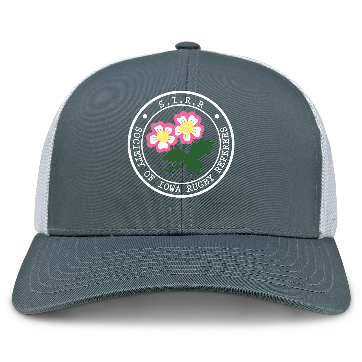 The Society of Iowa Rugby Referees Retro Trucker Cap by EMB S&S Activewear showcases a gray and white design with a round “Society of Iowa Rugby Referees” patch, adorned with pink embroidered flowers and green leaves on the front panel, and finished with an adjustable snapback closure.