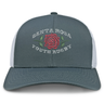 Introducing the Santa Rosa Youth Rugby Retro Trucker Cap by EMB S&S Activewear—this gray and white hat features a mesh back, an embroidered red rose design with “Santa Rosa Youth Rugby” text on the front panel, and an adjustable snapback closure for comfort.