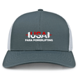 The EMB S&S Activewear USA Para Powerlifting Retro Trucker Cap features gray and white panels, embroidered "USA Para Powerlifting" text, a red and white barbell graphic on the front, and a snapback closure for adjustable fit.
