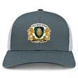 The Old Man Rivah Rugby Retro Trucker Cap by EMB S&S Activewear features a gray and white design with an embroidered gold lion crest, "Old Man Rivah" and "Mori Quam Cedere" text, plus a classic snapback closure for adjustable fit.