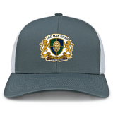The Old Man Rivah Rugby Retro Trucker Cap by EMB S&S Activewear features a gray and white design with an embroidered gold lion crest, "Old Man Rivah" and "Mori Quam Cedere" text, plus a classic snapback closure for adjustable fit.