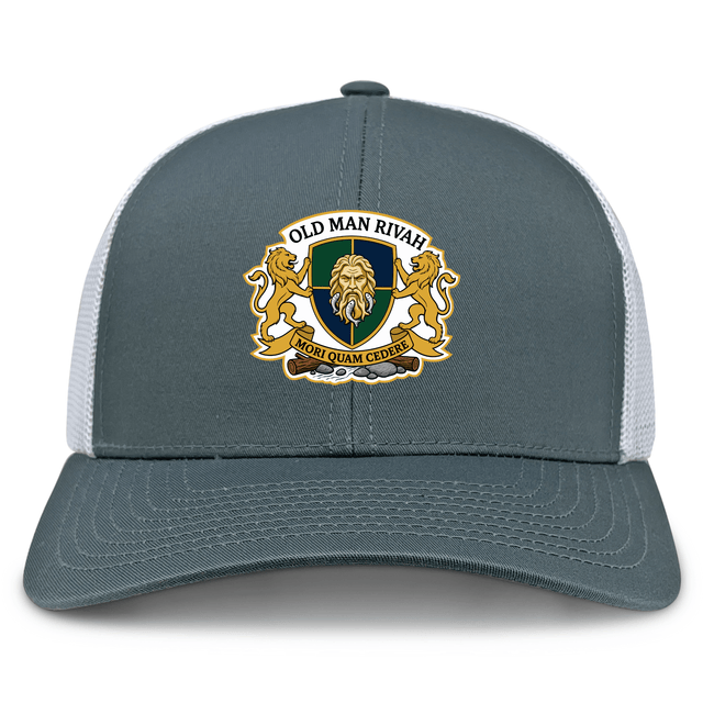 The Old Man Rivah Rugby Retro Trucker Cap by EMB S&S Activewear features a gray and white design with an embroidered gold lion crest, "Old Man Rivah" and "Mori Quam Cedere" text, plus a classic snapback closure for adjustable fit.