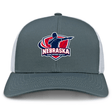 The Nebraska Rugby Referee Society Retro Trucker Cap by EMB S&S Activewear features a gray and white design with an embroidered logo on the front panel and a snapback closure.