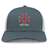 The SF CDME Rugby Retro Trucker Cap by EMB S&S Activewear features a gray and white design with an embroidered red cross emblem accented by blue dots, and the “CDME RUGBY” text beneath. It is finished with a snapback closure for an adjustable fit.