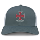 The SF CDME Rugby Retro Trucker Cap by EMB S&S Activewear features a gray and white design with an embroidered red cross emblem accented by blue dots, and the “CDME RUGBY” text beneath. It is finished with a snapback closure for an adjustable fit.