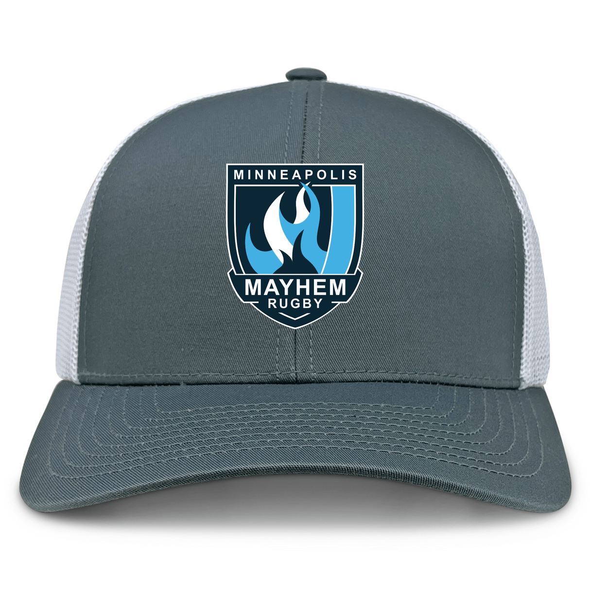 The Minneapolis Mayhem Rugby Retro Trucker Cap by EMB S&S Activewear showcases a gray and white color scheme with the team’s logo accented by an embroidered blue and white stylized flame on the front. This classic trucker cap features a snapback closure for adjustable comfort.