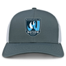 The Minneapolis Mayhem Rugby Retro Trucker Cap by EMB S&S Activewear showcases a gray and white color scheme with the team’s logo accented by an embroidered blue and white stylized flame on the front. This classic trucker cap features a snapback closure for adjustable comfort.