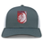 The Montgomery Bucks Griffins Retro Trucker Cap by EMB S&S Activewear is a gray and white hat with a red and blue "MBRFC" lion logo on the front and an adjustable snapback closure for the perfect fit.