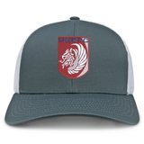 The Montgomery Bucks Griffins Retro Trucker Cap by EMB S&S Activewear is a gray and white hat with a red and blue "MBRFC" lion logo on the front and an adjustable snapback closure for the perfect fit.