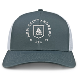 The New Saint Andrews College Retro Trucker Cap by EMB S&S Activewear features a gray and white design with “New Saint Andrews REC 1994” and a white crest logo printed on the front panel, finished with a classic snapback closure for an adjustable fit.