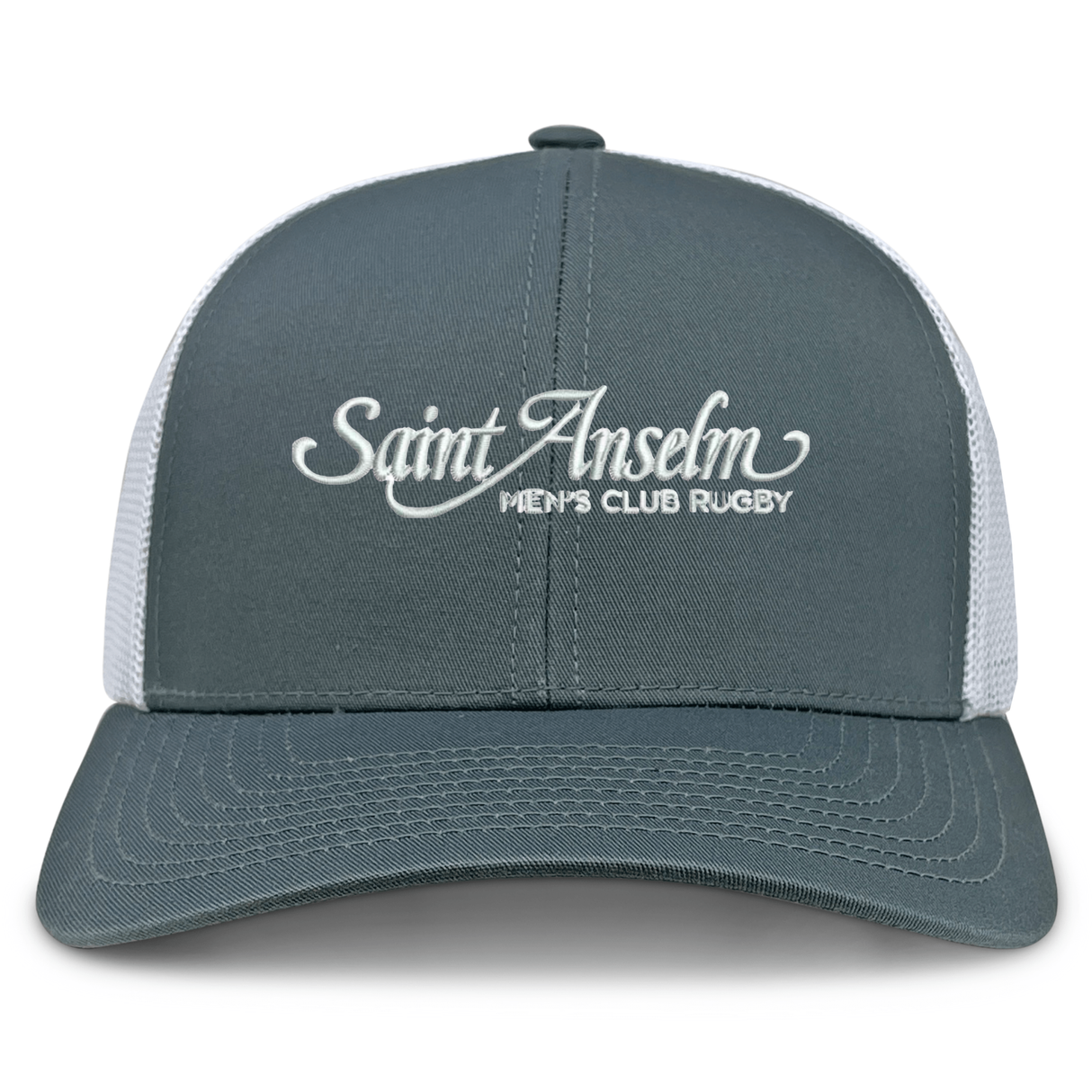 The Saint Anselm College Club Rugby Retro Trucker Cap by EMB S&S Activewear features gray and white panels, "Saint Anselm Men's Club Rugby" embroidered on the front, and an adjustable snapback closure.