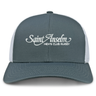 The Saint Anselm College Club Rugby Retro Trucker Cap by EMB S&S Activewear features gray and white panels, "Saint Anselm Men's Club Rugby" embroidered on the front, and an adjustable snapback closure.