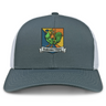 Takoma Touch Rugby Retro Trucker Cap in grey and white, featuring an embroidered shield logo of a rooster in armor with the text “Takoma TRFC” on a banner.