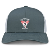 The Superior Rugby Club Retro Trucker Cap by EMB S&S Activewear features a gray and white design, red winged logo with a bold "S" on the front panel, and an adjustable snapback closure.