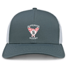 The Superior Rugby Club Retro Trucker Cap by EMB S&S Activewear features a gray and white design, red winged logo with a bold "S" on the front panel, and an adjustable snapback closure.