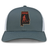 Aging Alabama Rugby Players Retro Trucker Cap in gray, featuring an embroidered patch shaped like the state of Alabama with a red graphic of a figure with a scythe and the word “HARD.”.