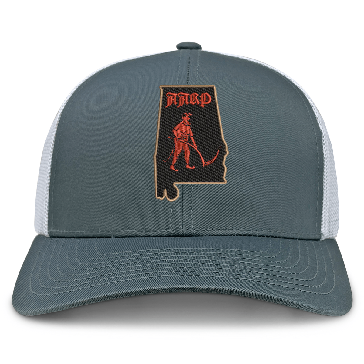 Aging Alabama Rugby Players Retro Trucker Cap in gray, featuring an embroidered patch shaped like the state of Alabama with a red graphic of a figure with a scythe and the word “HARD.”.