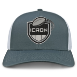 Grey and white ICRON Retro Trucker Cap featuring an embroidered shield logo with a football and the text “ICRON.”