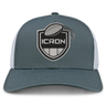 Grey and white ICRON Retro Trucker Cap featuring an embroidered shield logo with a football and the text “ICRON.”