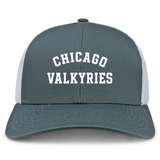 Chicago Valkyries Retro Trucker Cap by EMB S&S Activewear features a gray and white design with "CHICAGO VALKYRIES" boldly printed on the front. It includes a snapback closure for an adjustable fit.