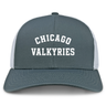 Chicago Valkyries Retro Trucker Cap by EMB S&S Activewear features a gray and white design with "CHICAGO VALKYRIES" boldly printed on the front. It includes a snapback closure for an adjustable fit.