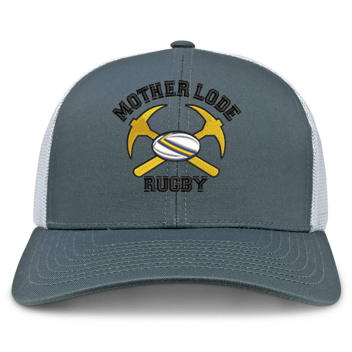 Mother Lode Retro Trucker Cap in gray with a white mesh back, featuring an embroidered logo of two crossed yellow pickaxes, a rugby ball, and the text “MOTHER LODE RUGBY.”