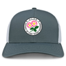 The Society of Iowa Rugby Referees Retro Trucker Cap by EMB S&S Activewear features a gray and white design with a circular embroidered “Society of Iowa Rugby Referees” logo accented by pink flowers and green leaves on the front panel. An adjustable snapback closure ensures a perfect fit.