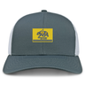 Berkeley RFC Retro Trucker Cap in grey with a white mesh back and an embroidered yellow rectangle featuring a blue bear and the text “BERKELEY RFC est. 2004”.