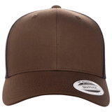 A brown S&S Activewear Retro Trucker Cap with a mesh back, snapback closure, and brim sticker, shown from the front.