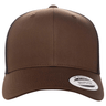 A brown S&S Activewear Retro Trucker Cap with a mesh back, snapback closure, and brim sticker, shown from the front.