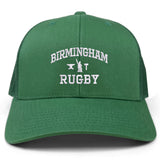 Introducing the Birmingham Rugby Text Logo Retro Trucker by EMB S&S Activewear—a green retro trucker hat featuring “Birmingham Rugby” and a small rugby icon embroidered in white on the front. This cap offers a comfortable snapback closure for an adjustable fit.