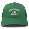 Introducing the Birmingham Rugby Text Logo Retro Trucker by EMB S&S Activewear—a green retro trucker hat featuring “Birmingham Rugby” and a small rugby icon embroidered in white on the front. This cap offers a comfortable snapback closure for an adjustable fit.