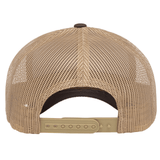 The S&S Activewear Retro Trucker Cap is shown from the back, highlighting its tan mesh panels and adjustable snapback closure.