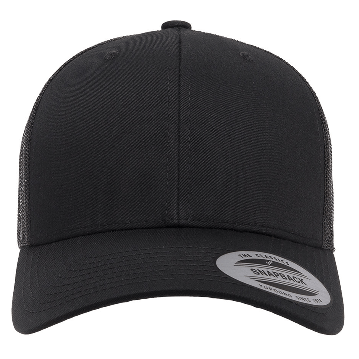 Front view of a black S&S Activewear Retro Trucker Cap featuring a mesh back, snapback closure, and a "The Classic Snapback" sticker on the brim.