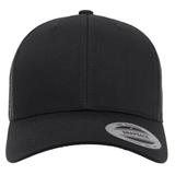 Front view of a black S&S Activewear Retro Trucker Cap featuring a mesh back, snapback closure, and a "The Classic Snapback" sticker on the brim.