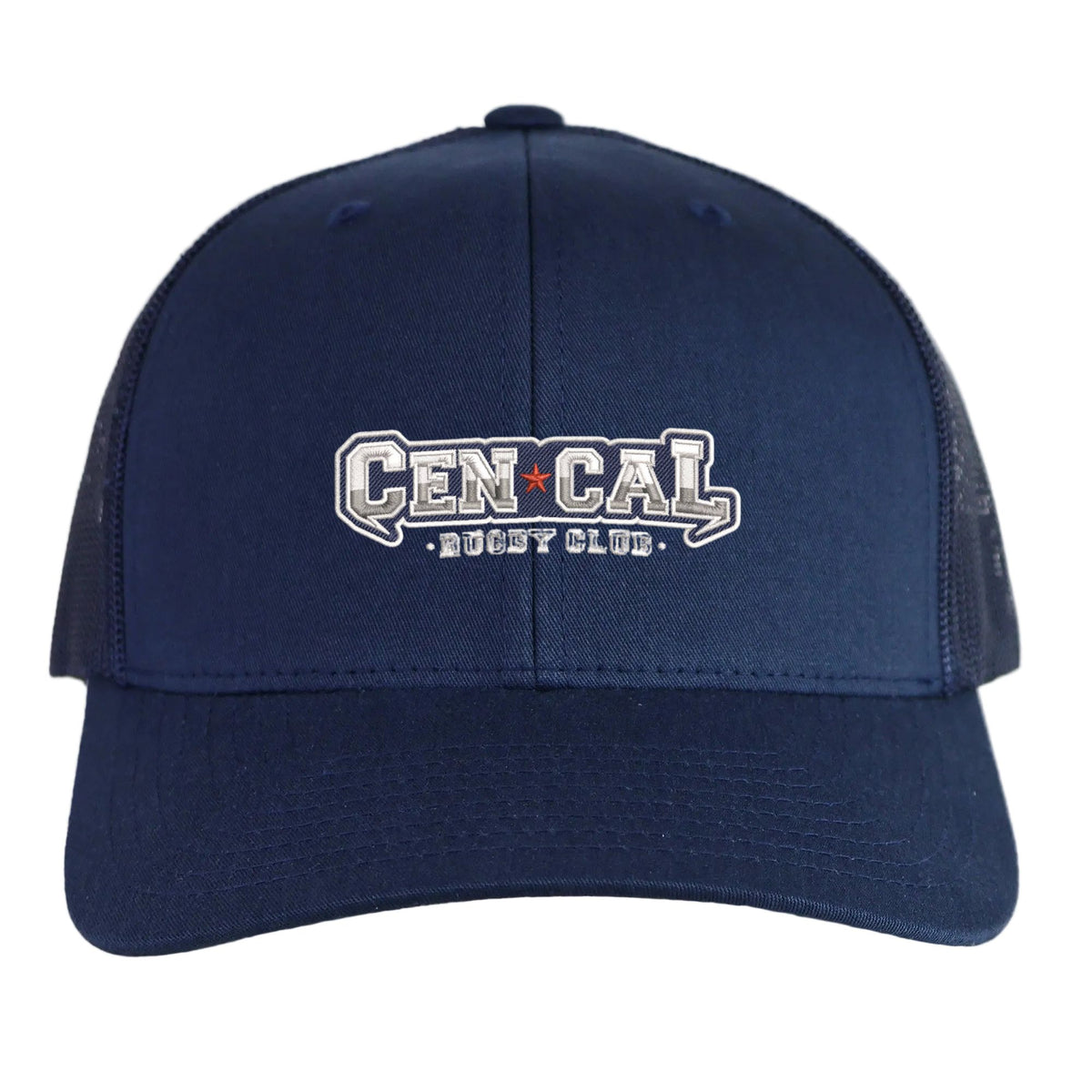 The CenCal Rugby Retro Trucker Cap by EMB S&S Activewear features a navy blue mesh back, classic snapback closure, and "Cen Cal Dust Club" embroidered in white and gray on the front.