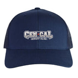 The CenCal Rugby Retro Trucker Cap by EMB S&S Activewear features a navy blue mesh back, classic snapback closure, and "Cen Cal Dust Club" embroidered in white and gray on the front.